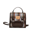 Vintage checkered women bag with brown leather trim and cute plush bear embroidery - Brown