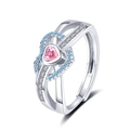 Elegant adjustable silver ring with pink heart stone and blue crystal halo - Adjustable Open / Silver-Blue & Pink Accent Stones (JZ0064)