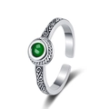 Vintage open ring in retro silver finish with green stone and engraved scroll pattern - Adjustable Open / Silver