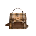 Brown plaid fabric backpack with teddy bear patch and adjustable shoulder straps - Brown