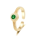 Vintage gold plated open ring with green zircon and intricate hollow floral texture - Adjustable Open / Gold