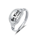 Silver adjustable open ring with oval Be Kind slogan face and white zircon border - Adjustable Open / White Gold