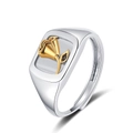 Elegant adjustable silver ring with 3D golden rose floral design on square top - Adjustable Open / Two Colors