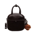 Minimalist dark brown leather square handbag with top handle and plush teddy bear charm - Coffee (With Charm)