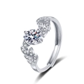 Anello di fidanzamento a foglia d'argento con zircone rotondo e fascia aperta - Aperto Regolabile / Argento-Zirconia Bianca (KL-05589)