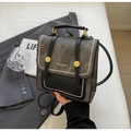 Women's chic contrast backpack in grey denim and black leather with top handle - No Pendant / Dark Brown