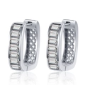 Silver U-shaped huggie earrings with baguette-cut cubic zirconia and geometric lattice - Silver-White Zirconia