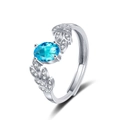 Elegant leaf-shaped engagement ring with oval blue gemstone and cubic zirconia accents - Adjustable Open / Silver-Blue Zirconia (KL-05589)