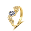 Elegante anello a foglia in oro 18 carati con grande zircone rotondo e accenti brillanti - Aperto Regolabile / Oro-Zirconia Bianca (KL-05589)