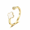 Bague ajustable dorée avec fleur de trèfle en émail blanc et petite bille dorée - Ouvert Réglable / Or