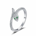 Anello a serpente multistrato in rame con zirconi bianchi e occhi verde smeraldo - Aperto Regolabile / Argento
