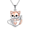 Collana con ciondolo a forma di volpe in tazza di tè con cuore in oro rosa e argento - Argento e Oro Rosa