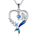 Collar con colgante corazón de sirena azul, estrella de mar y cristales brillantes - Oro Blanco