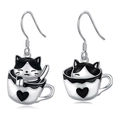 Asymmetrische Katzen-Ohrhänger aus S925 Silber mit schwarz-weißem Emaille-Design - Weißgold