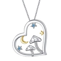 Star Moon Mushroom Heart Pendant Necklace in Silver with Blue Gemstones on White Background - White Gold (XL0076)
