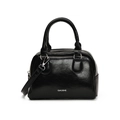 Minimalistische schwarze Bowling-Tasche aus glänzendem Lackleder mit silbernen Metallteilen - Schwarz