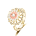 Anello margherita rotante con petali in smalto, perla bianca e finitura dorata - Aperto Regolabile / Oro - Stile Halo in Zirconia (KL-088)