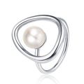 Minimalist silver geometric open ring featuring a white freshwater pearl on white background - Adjustable Open / White Gold