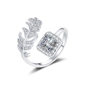 Adjustable leaf-shaped silver ring with sparkling zircon feather and rectangle stone - Adjustable Open / Silver-White Zirconia