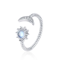 Silver sun and moon open ring featuring a blue moonstone and pavé crystal accents - Adjustable Open / White Gold