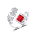 Silver leaf ring with pavé diamonds and rectangular red gemstone in 18K white gold finish - Adjustable Open / Silver-Red Zirconia