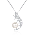 Collana piuma in argento con zirconi luccicanti e una perla bianca tonda raffinata - Argento (Tono Platino)