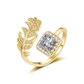 18K gold plated leaf ring with feather design and square zircon stones in halo setting - Adjustable Open / Gold with White Zirconia