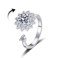 Rotating sunflower anxiety ring with silver plating and adjustable open band design - Adjustable Open / White Gold Color-White Zirconia