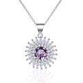 Collier avec pendentif tournesol argenté, zircon violet central et cristaux blancs - Zircone Violette