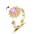 Rotating sunflower anxiety ring in gold with pink gemstone and zircon accents - Adjustable Open / Gold-Pink Zircon