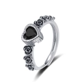 Silver vintage rose ring featuring a black heart-shaped gemstone and open band design - Adjustable Open / Black Zirconia