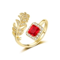 Adjustable 18K gold-plated leaf ring with square red gemstone and zircon accents - Adjustable Open / Gold Tone - Red Zircon
