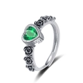 Adjustable silver ring featuring a heart-shaped green emerald and rose embossed details - Adjustable Open / Green Zirconia