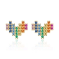 Golden pixel heart earrings featuring rainbow gemstones in a vibrant gradient design - Gold-Earrings
