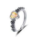 Vintage silver heart ring with yellow gemstone and black rose accents on a split band - Adjustable Open / Yellow Zirconia