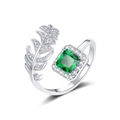 Adjustable silver leaf ring with emerald-cut green stone and sparkling cubic zirconia - Adjustable Open / Silver-Green Zirconia