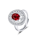 Luxurious silver open ring featuring an oval red ruby center surrounded by zircon halo - Adjustable Open / White Gold - Red Zirconia