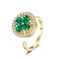 Adjustable golden clover spinning ring with green heart crystals and white rhinestones - Gold Color - Green Zirconia