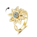 Rotating golden evil eye flower ring with blue sapphire center and open band design - Adjustable Open / Gold