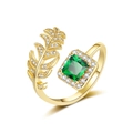 Elegant 18K gold ring featuring a square emerald-cut green zircon with leaf-shaped accents - Adjustable Open / Gold Tone - Green Zircon