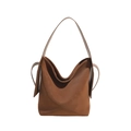 Sac seau minimaliste en cuir marron caramel avec large bandoulière et sangles latérales - Petit / Marron