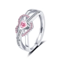 Adjustable silver ring featuring a pink heart zircon with sparkling pavé accents - Adjustable Open / Silver-Pink Accent Stones (JZ0064)