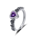 Silver ring featuring heart-shaped purple gemstone and black rose flower relief - Adjustable Open / Purple Zirconia