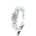 Silver bow open ring featuring heart zircon and white pearl accents for women - Adjustable Open / Heart - White Gold