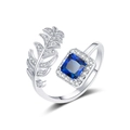 Leaf design open ring with silver finish and square deep blue zircon stone - Adjustable Open / Silver-Blue Zirconia