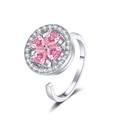Adjustable silver clover spinner ring with pink heart zircons and white crystals - Platinum Gold - Pink Zirconia
