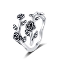 Vintage oxidized silver rose flower ring with entwined leaves and adjustable open band - Adjustable Open / Multi-Rose Vine Style (KL-066)