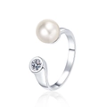 Minimalist adjustable silver ring with a white pearl and a round zirconia stone - Adjustable Open / White Gold
