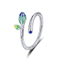 S925 Sterling Silber Blattring mit grünen Blättern und blauen Blütenknospen - Einstellbar Offen / Weißgold