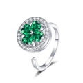 Adjustable silver ring with spinning green clover made of heart crystals and diamonds - White Gold - Green Zirconia